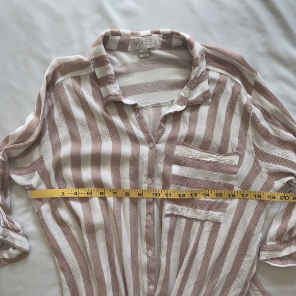 Vixbe Womens Top XL Roll Tab Sleeve Button Up Striped Rayon Coastal Beachy - Picture 5 of 10